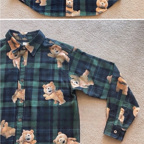 Green checked denim shacket with teddy bear from TED movie - Picture 4 of 5